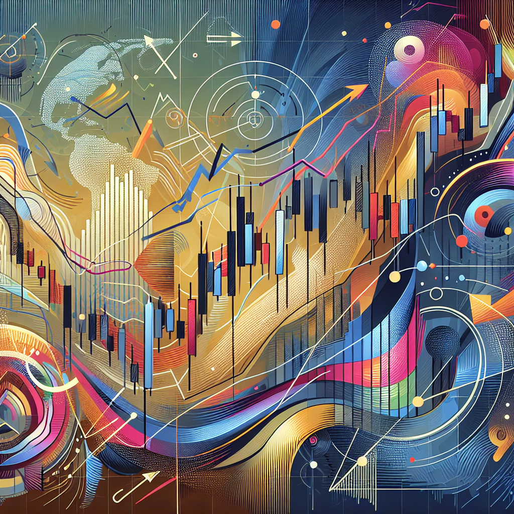 A vibrant, stylized illustration that visually represents forex trading strategies, featuring bold pivot points on charts, dynamic arrows indicating market trends, and a blend of abstract art elements symbolizing financial concepts.