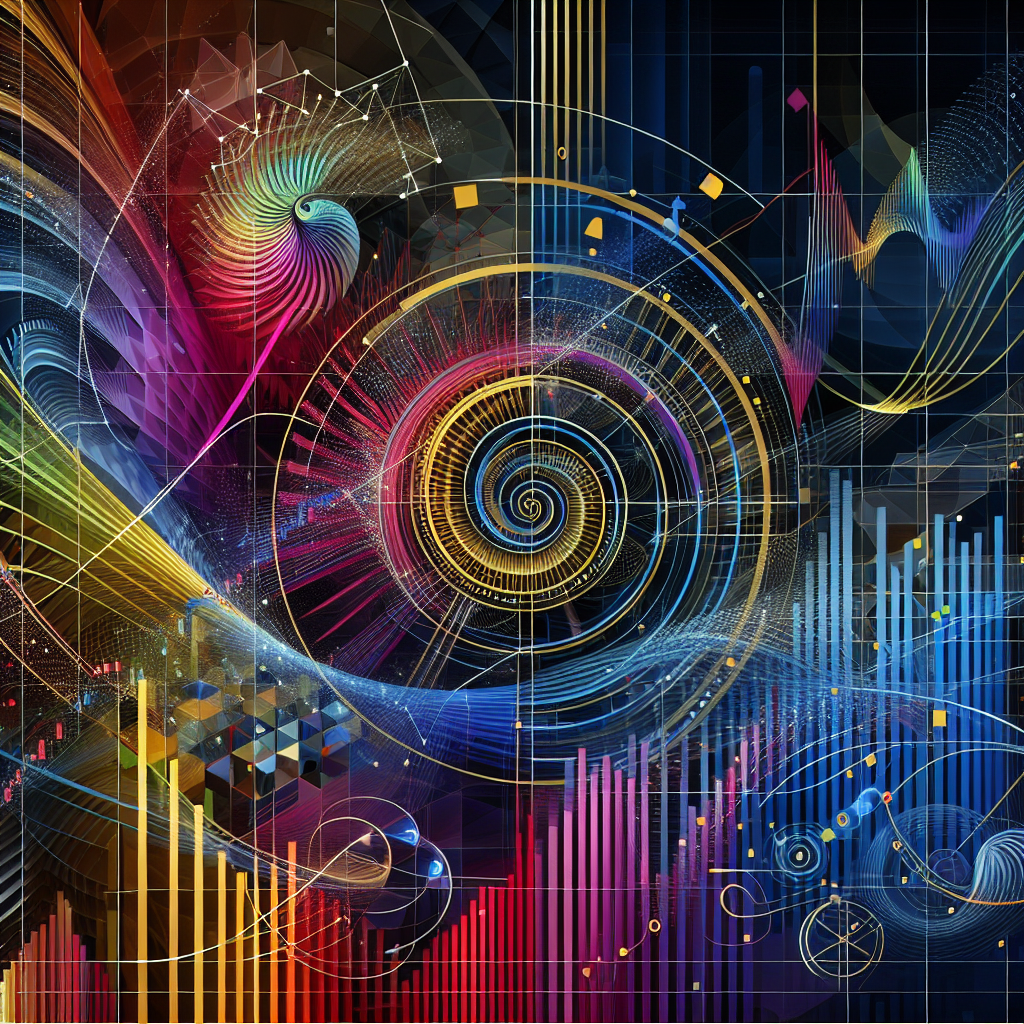 An artistic representation combining Fibonacci sequences and pivot points in a stylized financial chart, featuring bold colors and intricate designs to symbolize advanced technical analysis in Forex.