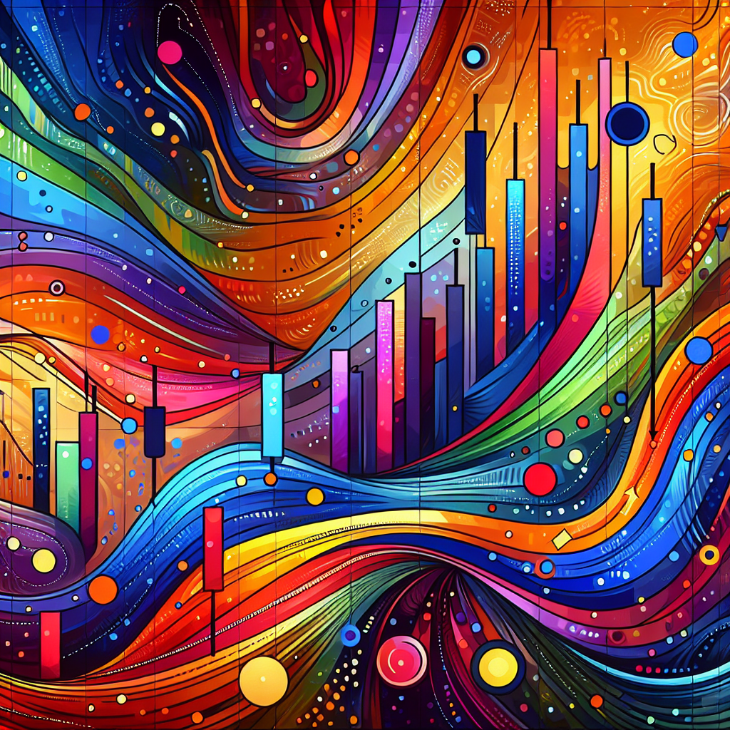 An artistic representation of a trading chart showcasing Fibonacci retracement levels and bold pivot point visuals, set against a vibrant abstract background that symbolizes financial growth and strategy.