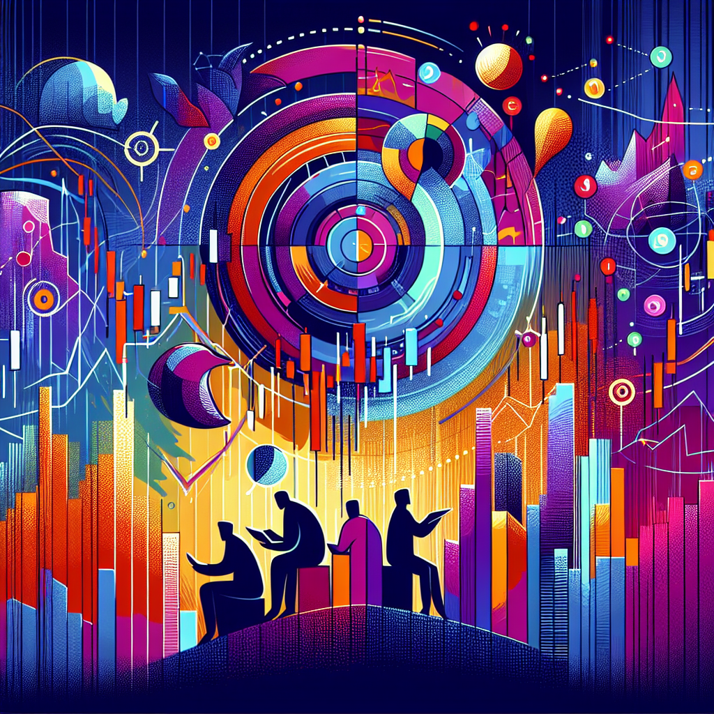 A stylized chart illustration featuring bold pivot point visuals, combining elements of technical trading analysis with vibrant colors and dynamic shapes, representing both new and experienced traders creating a trading plan.