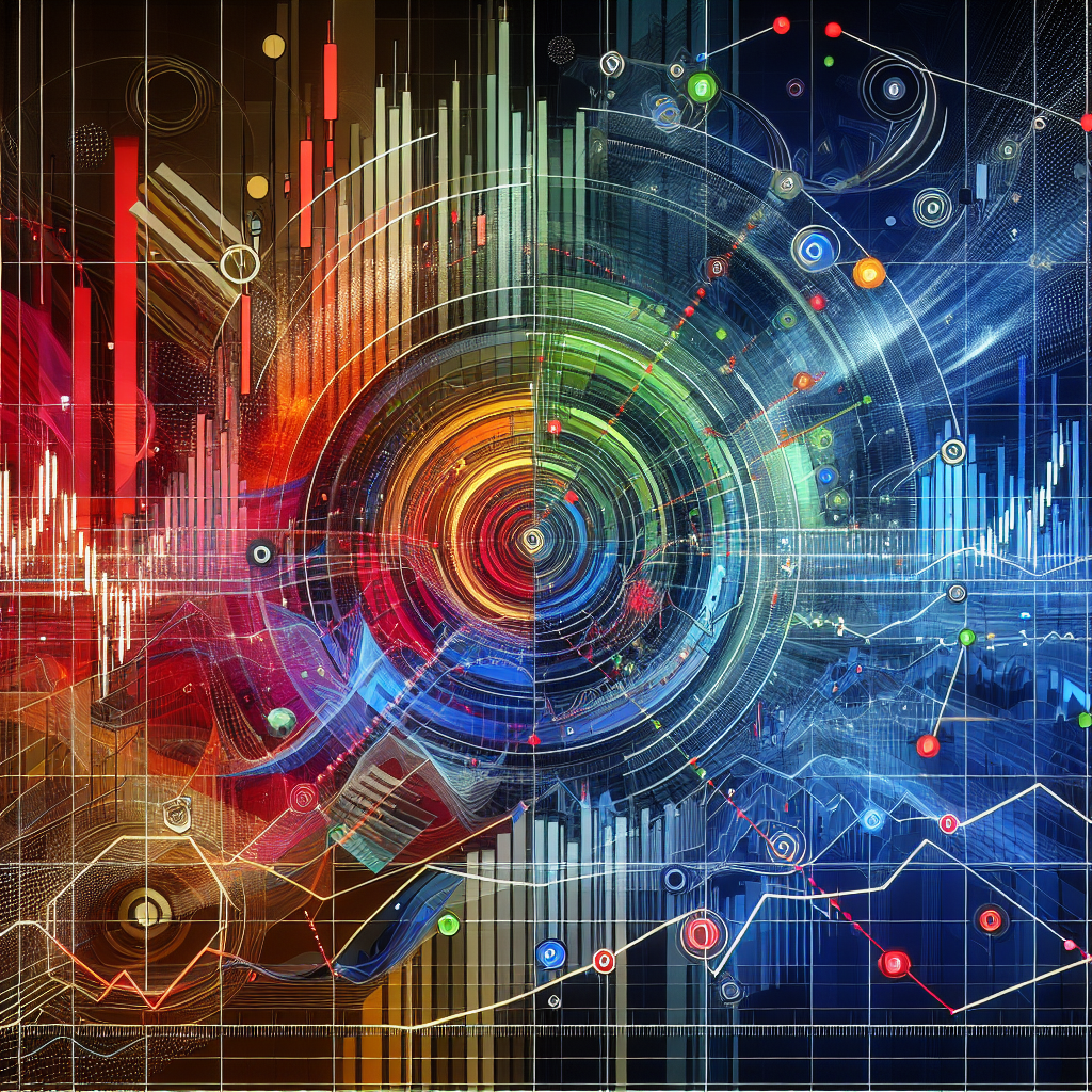 A vibrant and stylized financial chart displaying Fibonacci retracement levels and pivot points, showcasing bold visual markers with dynamic colors that represent different trading strategies in Forex trading.