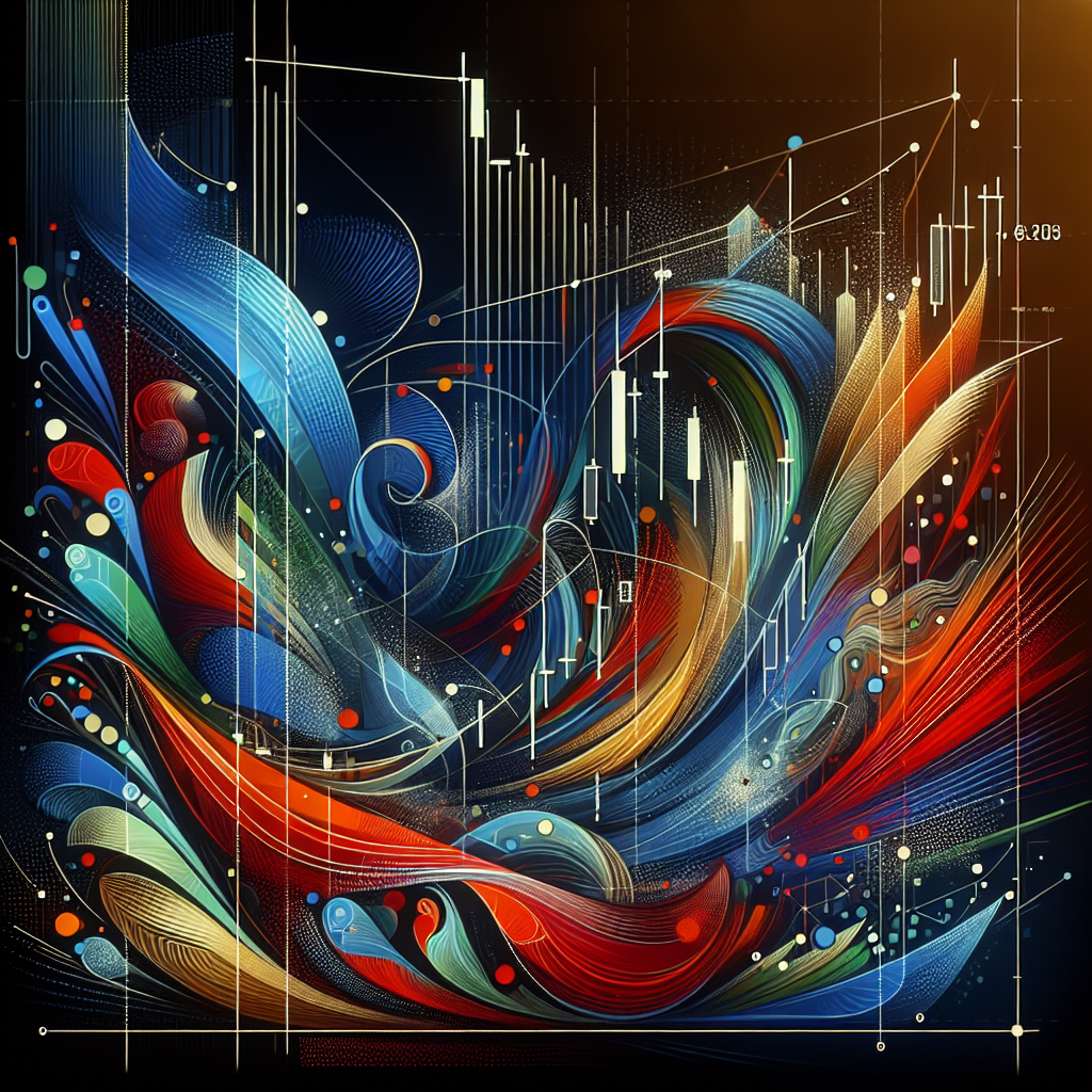 A stylized financial trading chart featuring bold visual representations of Fibonacci levels and pivot points, with vibrant colors and abstract design elements that evoke a dynamic trading environment.