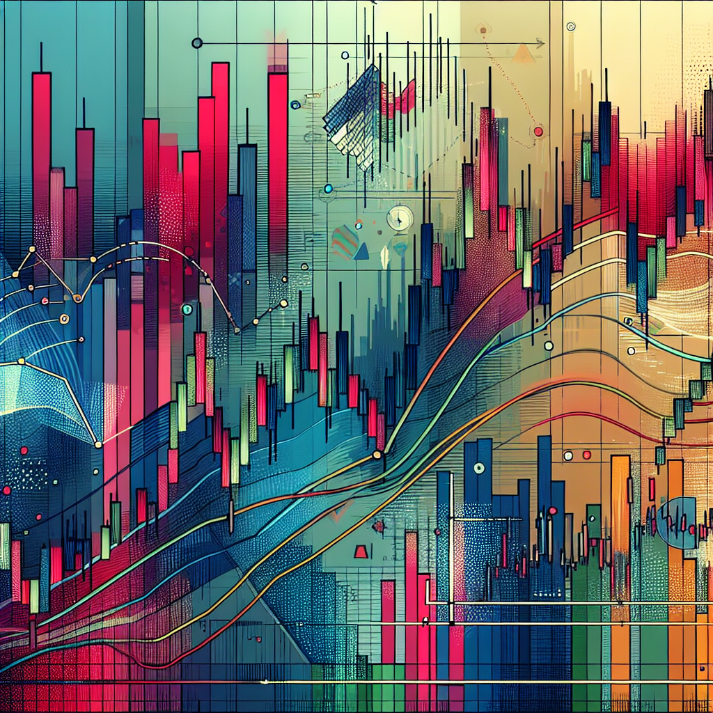 An illustrated tutorial showcasing stylized financial charts with bold pivot point indicators, featuring vibrant colors and abstract designs related to technical analysis for traders and investors.