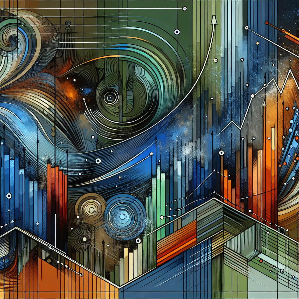 An artistic representation of a stock market chart featuring bold Fibonacci retracement levels and pivot points, with dynamic colors and stylized elements to emphasize trading strategies.