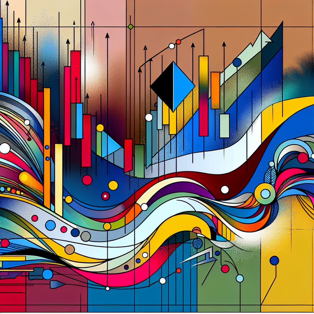 A vibrant and stylized illustration depicting a technical analysis chart with bold pivot points highlighted, overlays of colorful arrows indicating potential market movements, and abstract representations of trading journals, combining art and finance in a dynamic visual.
